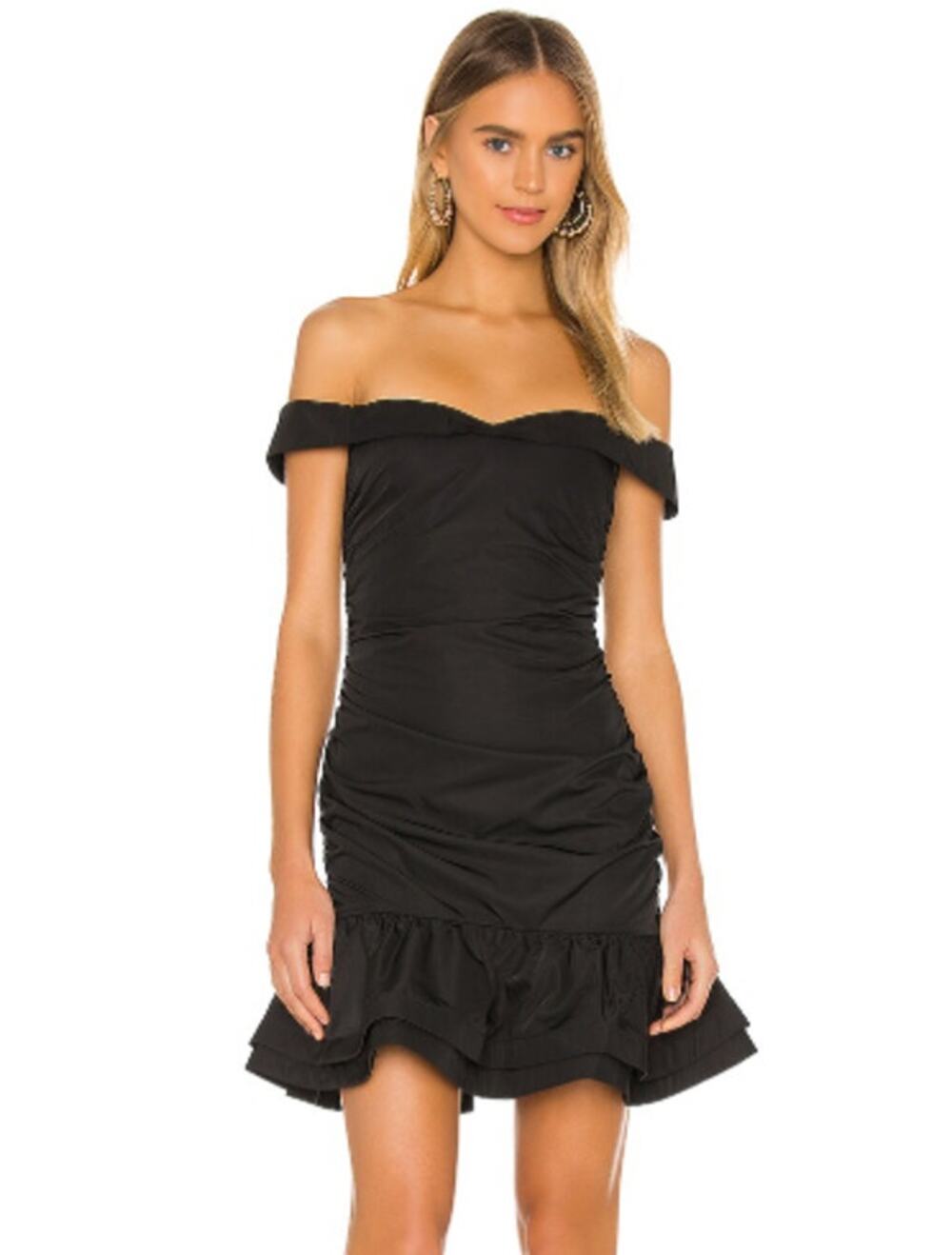 Revolve x NBD Hailee Mini Dress Off The Shoulder Ruched Ruffle Flounce Hem Black